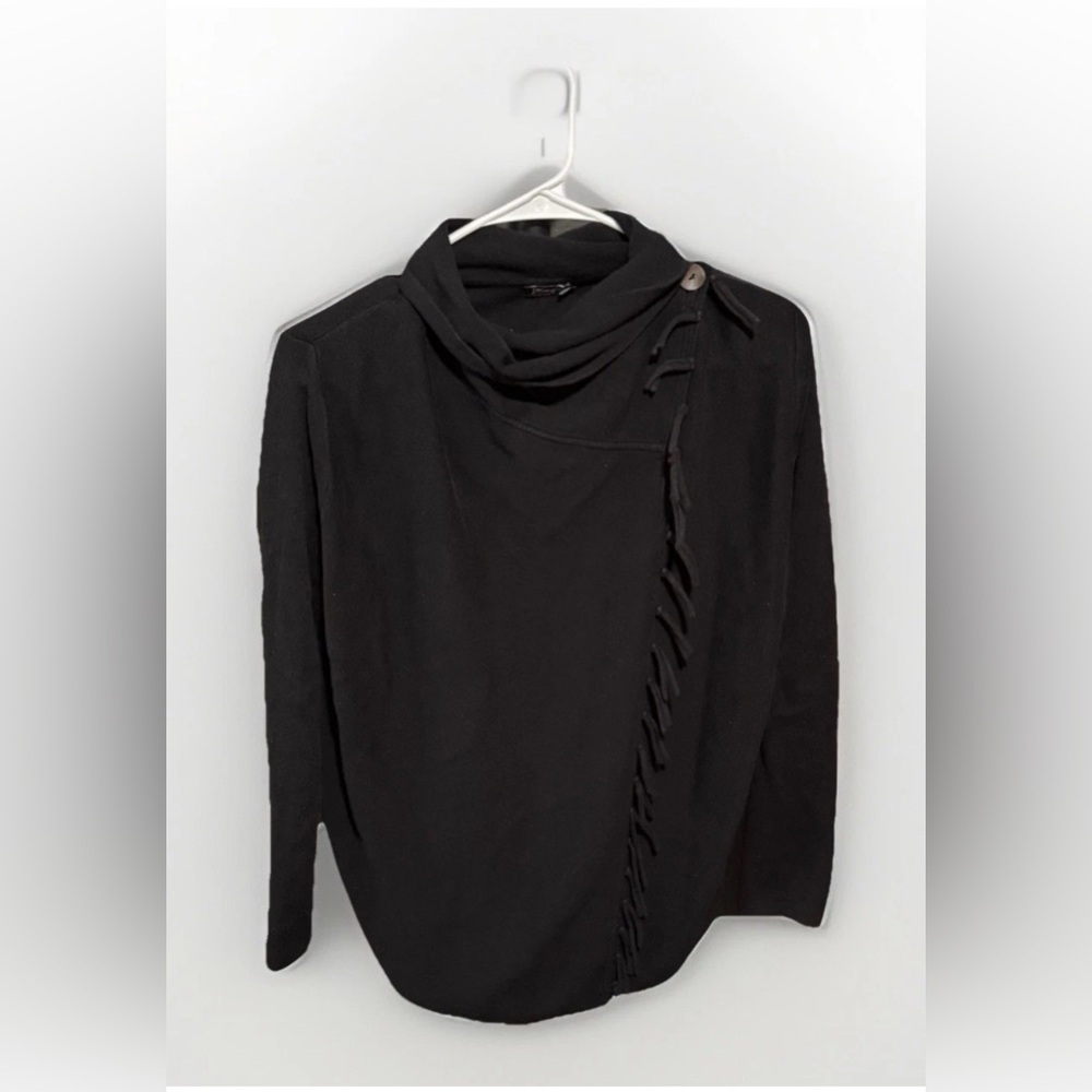 J.McLaughlin Black Fringe Wrap Sweater XS Asymmetrical Button Cowl Neck Top